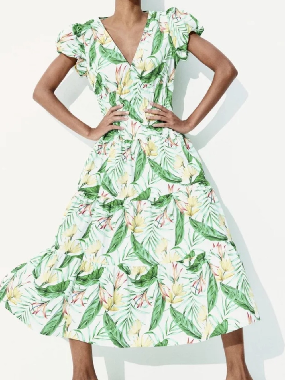 H&M White Midi Dress with Green & Yellow Tropical Print